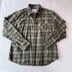 Weatherproof Vintage Mens XL Flannel Shirt Olive Green Black Plaid Button Down